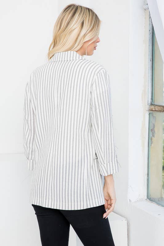 Linen Blend Stripe Roll Up Blazer