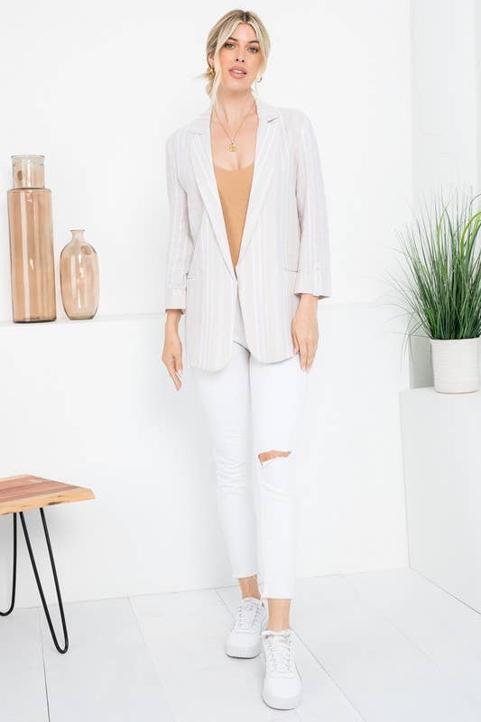 Linen Blend Stripe Roll Up Blazer