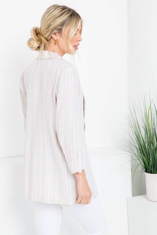 Linen Blend Stripe Roll Up Blazer
