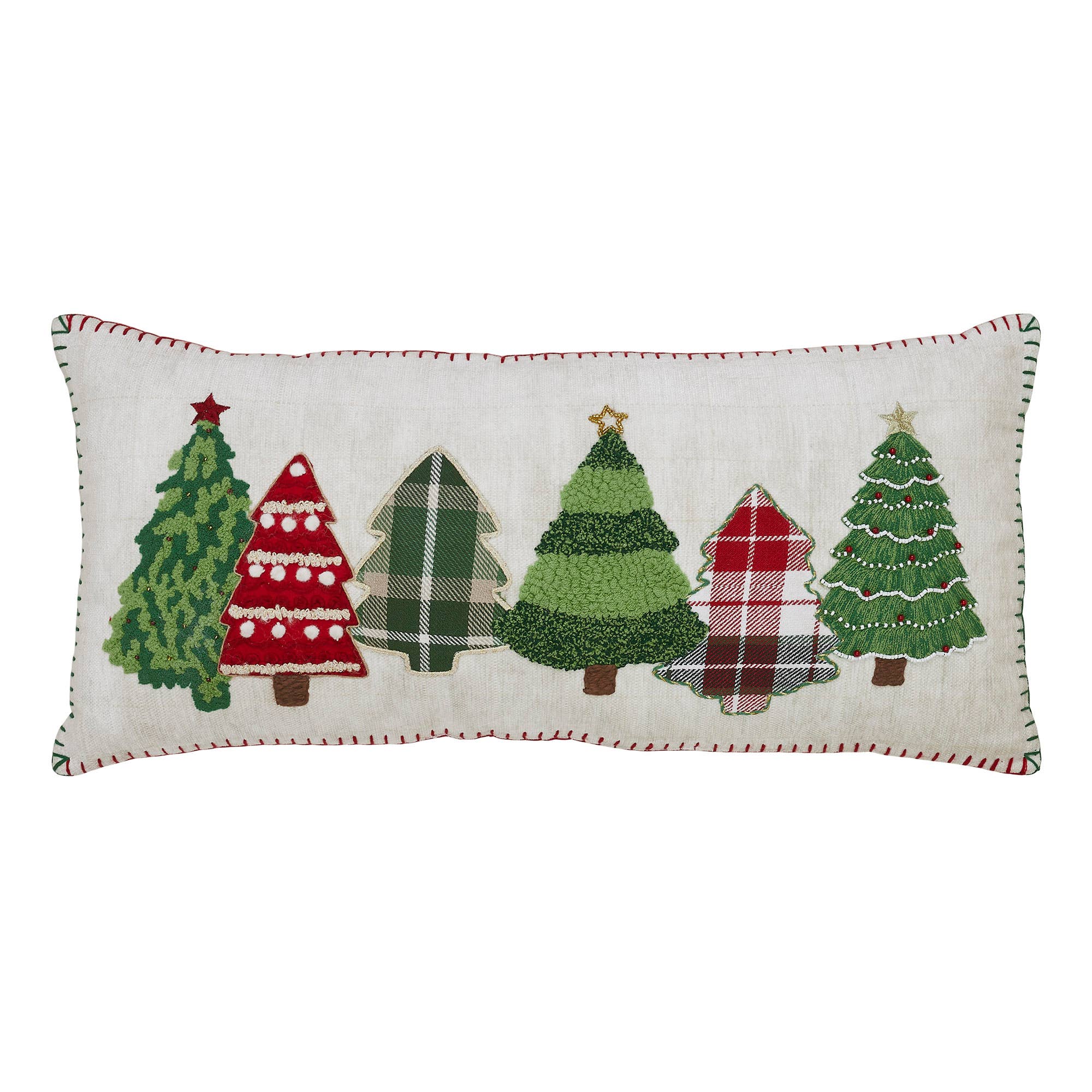 Red and Green Applique Tree Pillow with Embroidery 14x30