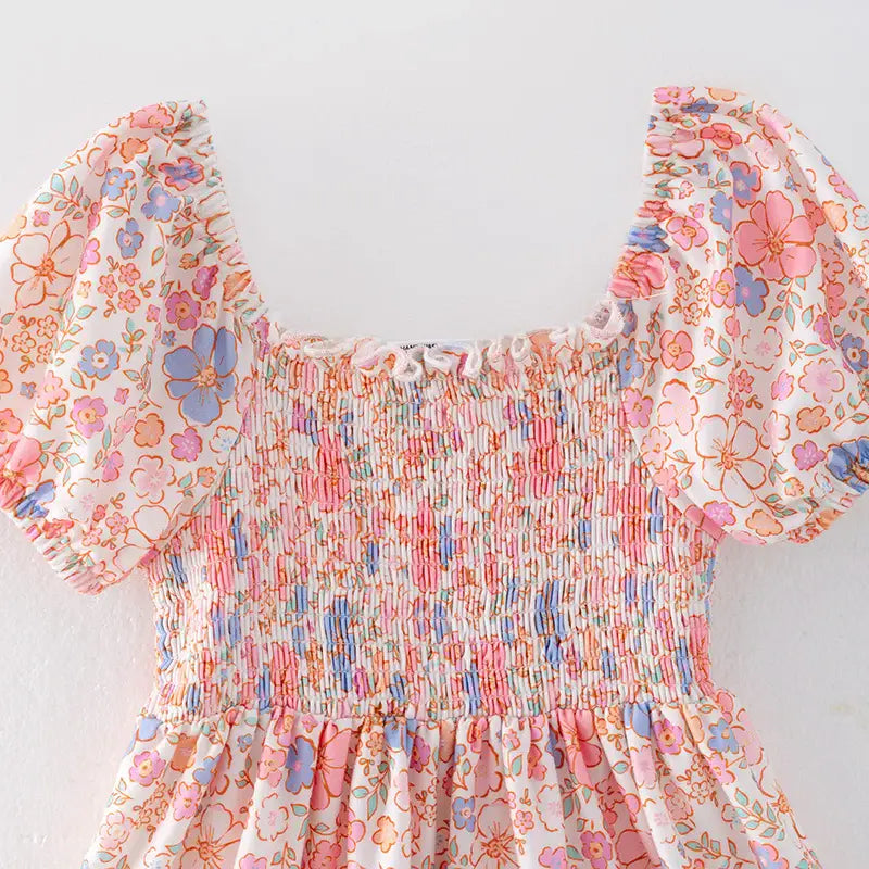 Girls Summer Easter Floral Print Smocked Dress