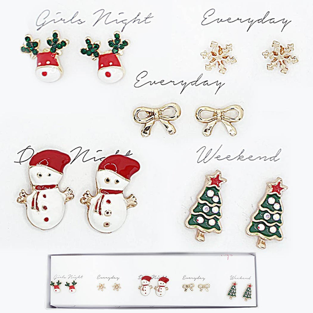 Christmas-Themed 5-Pair Stud Earrings Set with Box